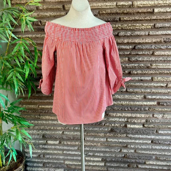 Chico's Orange Red Striped Off Shoulder Size 1 Small to Medium - Picture 7 of 7